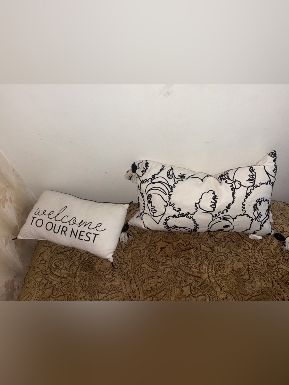 Decorative White Throw Pillow with Black Line Art Faces – Home Accents